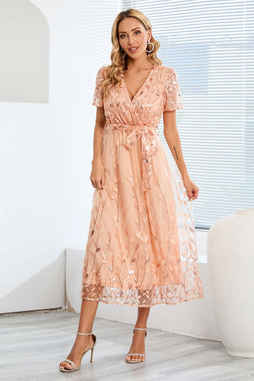 A-Line Blush Vestido Casual con mangas cortas